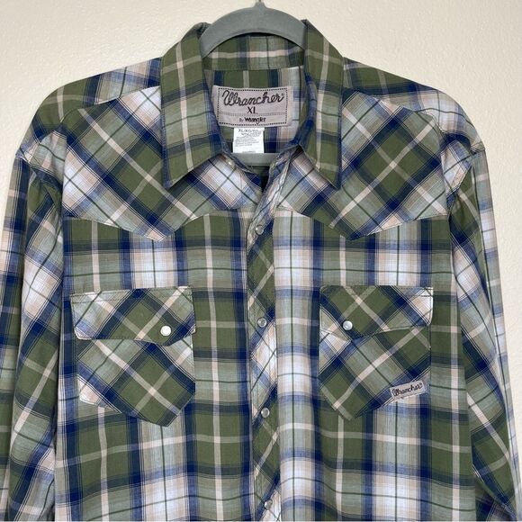 Wrangler Wrancher Green Blue Plaid Pearl Snap Long Sleeve Western Shirt Men XL - Picture 3 of 11
